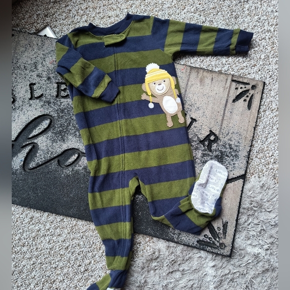 Carter's Boys Striped Footed Pajamas Full Zip Monkey Blue Green Size 18 Months - Picture 1 of 4